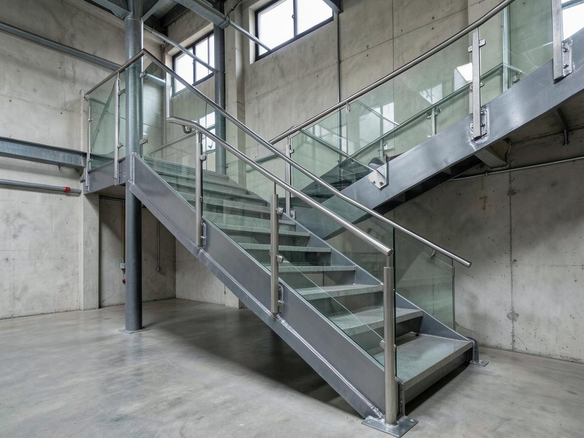 Escada metálica com corrimão e guarda-corpo instalados em edificação