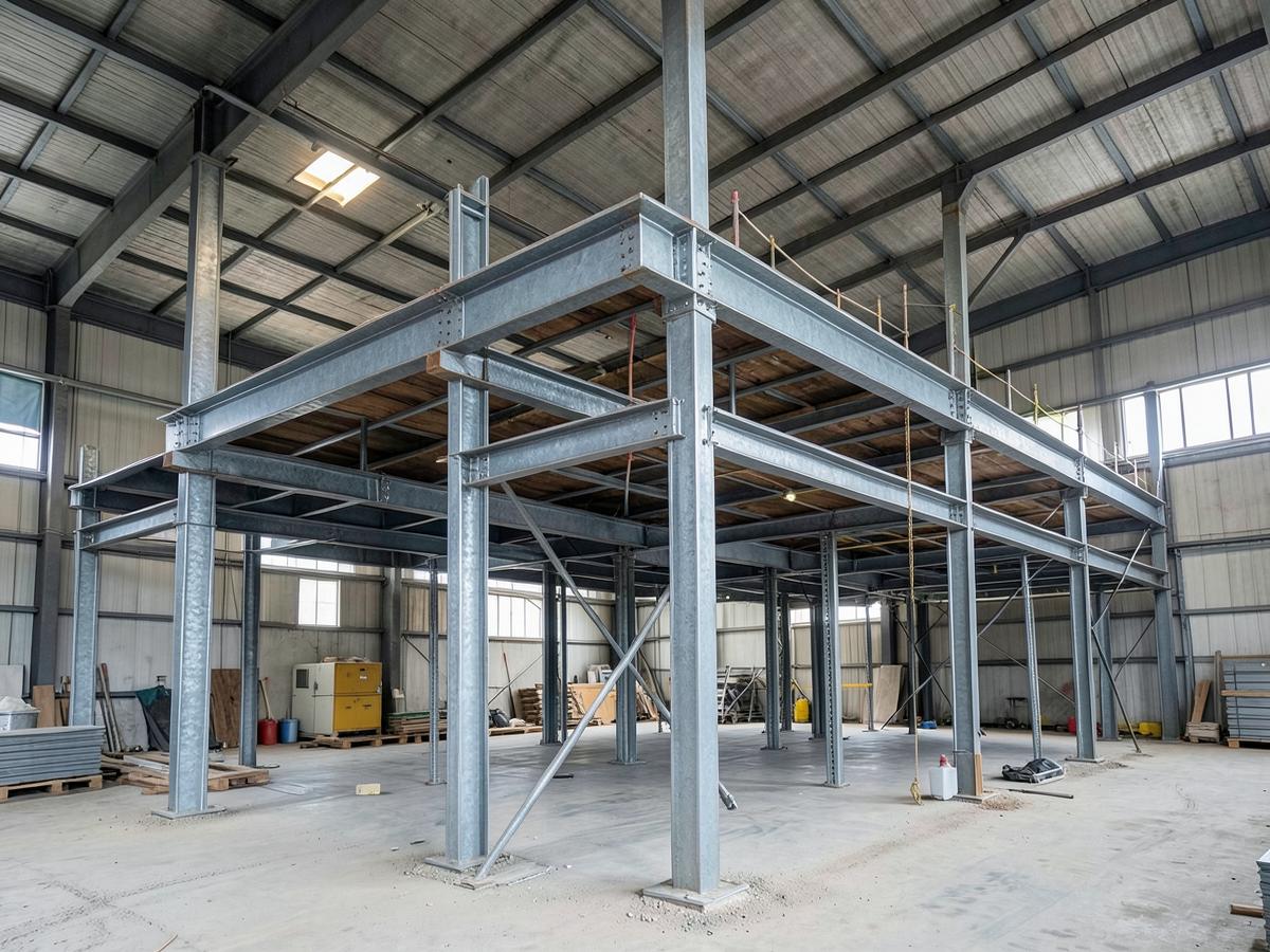 Estrutura metálica galvanizada montada dentro de um galpão industrial