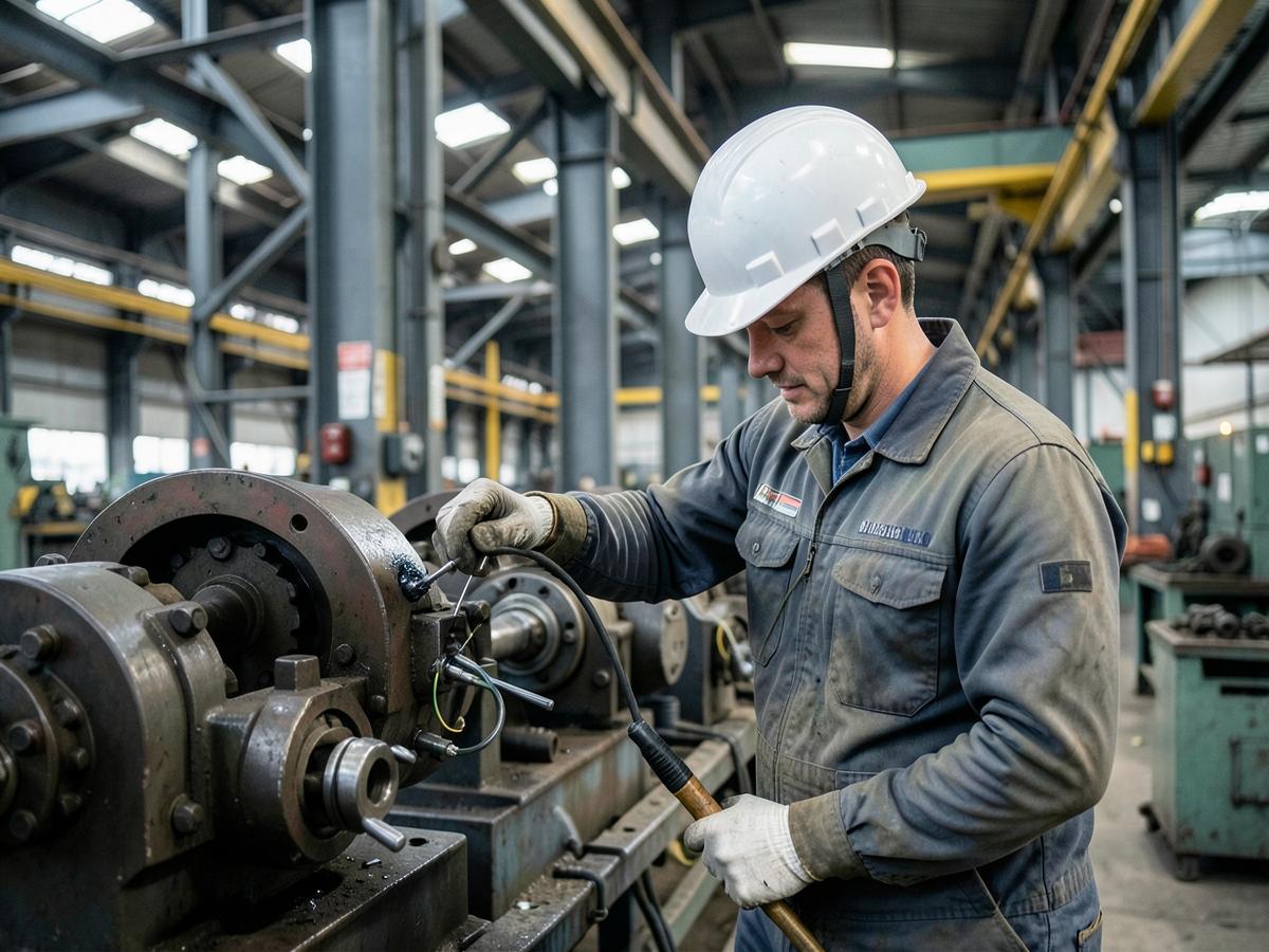 Técnico de manutenção industrial realizando serviço em equipamento dentro de fábrica